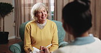 Therapist, writing and old woman in consultation with smile, positive feedback and survey for wellness. Happy, senior person and discussion in office with counselor, good news and psychologist notes.