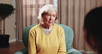 Talking, therapy and senior woman in counseling, session and consulting for retirement support. Psychology, conversation and elderly person with therapist for mental health, grief management and help