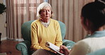 Therapist, discussion and sad old woman in consultation with psychology, assistance and story of grief. Senior person, sorrow and talk in office with psychologist, support and feelings of despair.