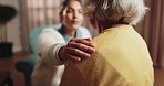 Counseling, support and therapist with comfort for old woman, empathy and compassion in consultation. Discussion, psychologist and console senior person in office with help, therapy or understanding.
