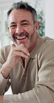 Face, man and laugh with laptop for remote work, email or funny creative brief for copywriting project. Happy, freelance copywriter and mature person in home with computer, job and joke for campaign.