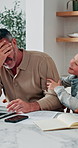 Laptop, father and frustrated with child for remote work, behavior problem or deadline distraction. Home, mature dad or girl with ADHD at tech for freelancing, overwhelmed or disruptive for attention