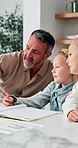Dad, children or teaching with books in home for learning, lesson or tutoring together. Father, kids or siblings listening with parent, notebook or homework for education, assessment or help in house