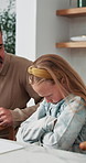 Dad, child and learning with difficulty in home for bad attitude, discipline or misbehavior. Father, kid or academic struggle with stubborn daughter for education, ADHD or lazy student in house