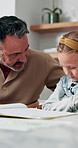 Dad, child or homework with learning difficulty in home for bad attitude, discipline or misbehavior. Father, kid or academic struggle with stubborn daughter for education, ADHD or laziness in house