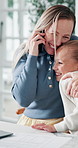 Phone call, hug and mother with child in home for remote work with bonding, greeting or connection. Happy, cellphone and mom embracing girl kid on mobile discussion for freelance project in house.