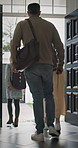 Leaving, parents and child at front door in home ready for school, work and commute together. Family, house and back of mom, dad and girl with morning routine for education, career and start day