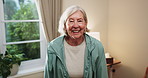 Senior, retirement and face with happy woman in home for pension, holiday or break by window. Portrait, elderly or female person laughing with smile or confidence for free time, health or wellness
