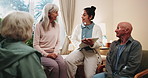 Talking, clipboard and woman with senior people for counseling, group therapy and wellness. Nursing home, psychology and therapist with elderly men and women for retirement support, help and health