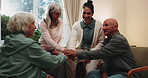 Senior, support group and stack hands with therapist for trust, synergy mission and happiness. Retirement, people and celebration at community center for recovery goal, psychology target or excited