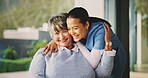 Senior woman, face and hug with caregiver in nursing home, bonding and happy for healthcare service. Assisted living, nurse and empathy for old person, laugh and compassion with gesture and homecare