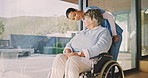 Thinking, nurse or senior woman in wheelchair at window, support or check up in assisted living. Reflection, patient or elderly person with disability in nursing home, help or caregiver in retirement
