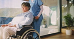 Thinking, nurse or elderly woman in wheelchair at window, support or check up in assisted living. Reflection, patient or senior person with disability in nursing home, help or caregiver in retirement