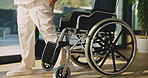 Elderly, woman or walking with wheelchair for miracle, recovery or rehabilitation in home. Senior, legs or female person with a disability or cure for mobility, movement or medical treatment in house