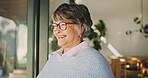 Thinking, window and senior woman in home with smile, contemplating and nostalgia. Retirement, elderly person and positive reflection in house with perspective, calm mindset and introspection