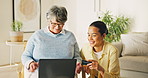 Credit card, old woman or daughter in home with laptop, checkout help or eft transaction in senior care. Support, elderly person or family with tech, online payment or cashless purchase in retirement