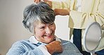 Support, old woman or daughter in house with haircare, grooming or morning routine in senior care. Happy, family or elderly person with mirror, getting ready or hair styling assistance in retirement.
