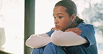 Thinking, woman and nurse in hospital with regret, mistake or sad for loss of patient by window. Upset, bad news and healthcare worker in lobby with error, doubt or fail in medical career at clinic.