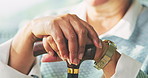 Old woman, hands and cane for retirement, support or mobility aid for recovery in home. Senior person with a disability, walking stick and healthcare for arthritis help, assistance or balance