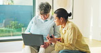 Debit card, old woman or daughter in house with laptop, checkout help or eft transaction in senior care. Support, elderly person or family with tech, online payment or cashless order in retirement.