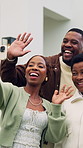 Happy, black family or wave on video call at new home for hello, moving update or property purchase. Couple, senior parents and greet on virtual chat in front yard for relocation, investment or smile