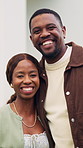 Smile, black couple and face outdoor with new home, property investment and happy for dream house. Marriage, portrait and man with woman for real estate purchase, mortgage approval or residence goals