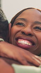 Smile, hug and woman outdoor at new home with bonding, safety or real estate investment together. Happy, love and black couple with embracing in backyard for care, connection or marriage at house