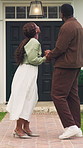Smile, black couple and holding hands outdoor with new home, property investment and happy. Marriage, dream house and man with woman for real estate purchase, mortgage approval and residence goals
