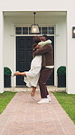 Excited, black couple and spin outdoor with new home, property investment and happy for dream house. Marriage, hug and man with woman for real estate purchase, mortgage approval and residence goals
