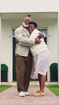 Face, hug and old couple on porch with home, new property and real estate investment for retirement. Happy, married senior black people and embrace in front yard with relocation, love or dream house.