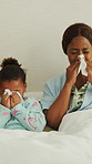 Sick, family and blowing nose with tissue in bed for influenza, virus or infection together in home. Mom, dad and children with cold, flu or symptoms for fever, sinus or allergies in bedroom or house
