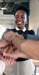 Group, hands stack and celebration in office, cheering and applause with team for marketing success. Happy people, laugh and clapping for campaign achievement, collaboration or solidarity in business