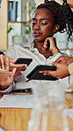 Frustrated, woman or multitasking with hands in office for business deadline or demanding colleagues. Female person, phone and technology with employees for overworked pressure in busy workplace