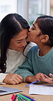 Kiss, mother and child in house with homework, laptop and laugh for funny home schooling question. Happy, woman and daughter in living room with computer, online education or learning with affection.