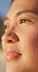 Thinking, calm and woman outdoor with sightseeing, mindfulness and fresh air on summer break. Smile, closeup and person with eyes closed, reflection and peaceful perspective on holiday trip.