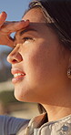 Thinking, calm and woman in nature with sightseeing, mindfulness and fresh air on summer break. Smile, sunshine and person outdoor with insight, reflection and peaceful perspective on holiday trip.