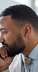 Businessman, thinking and regret with stress for deadline, pressure or strain in office. Frustrated, man or employee contemplating with disappointment for mistake, regret or bad decision in workplace