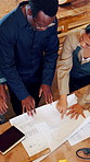 Team, carpenter and blueprint in warehouse for manufacturing, products design and woodwork. Above engineer, people and discussion for creative, building and factory startup for small business