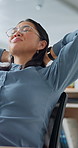 Business, relax and happy woman with stretching in office for completed work, break or productivity. Glasses, asian person and resting for project submission, satisfaction and finished with workload