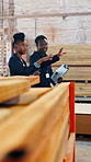 People, carpentry and inventory with tablet in warehouse for wood production or distribution. Man, woman or lumber supply chain with checklist or technology for checking stock or inventory inspection
