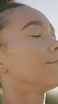 Woman, breathing and yoga in nature for meditation, holistic balance and spiritual healing for zen. Smile, female person and inhale outdoor with yogi breathwork, inner peace and mindfulness technique