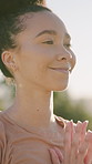 Happy, meditation and woman outdoor for prayer hands with wellness, peace and calm energy in morning. Flare, mindfulness and person with namaste pose for yoga in nature with grounding exercise.