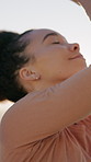 Relax, yoga and woman outdoor for prayer hands with wellness, peace and calm energy in morning. Flare, mindfulness and person with namaste pose for meditation in nature with grounding exercise.