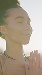 Smile, yoga and woman outdoor for prayer hands with wellness, peace and calm energy in morning. Flare, mindfulness and person with namaste pose for meditation in nature with grounding exercise.