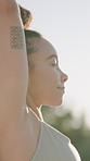 Woman, stretching and yoga in nature for meditation, holistic balance and spiritual healing for zen. Smile, person and practice yogi outdoor with warrior pose, inner peace and mindfulness technique