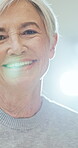 Wellness, happy and elderly woman with face, positive attitude and optimistic for weekend break. Confidence, portrait and senior person with flare, upbeat moment and good mood in retirement.