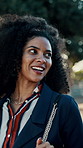 Park, walking and business woman with morning commute to work for start of day conversation. Smile, sunset and talking with employee people outdoor in urban city for communication, travel or trip