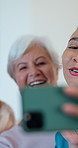 Nurse, selfie and senior woman with smile for memory, status update and peace sign in homecare. Happy people, caregiver and picture in retirement, medical support and social media post at house