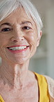 Wellness, smile and senior woman in house with face, positive attitude and optimistic for weekend break. Confidence, upbeat and elderly person with portrait, happy moment and good mood in retirement.