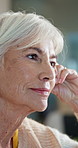 Thinking, relax and senior woman in home with planning, ideas or decision on retirement experience. Choice, daydream and elderly person in living room with nostalgia, reflection or memory in house
